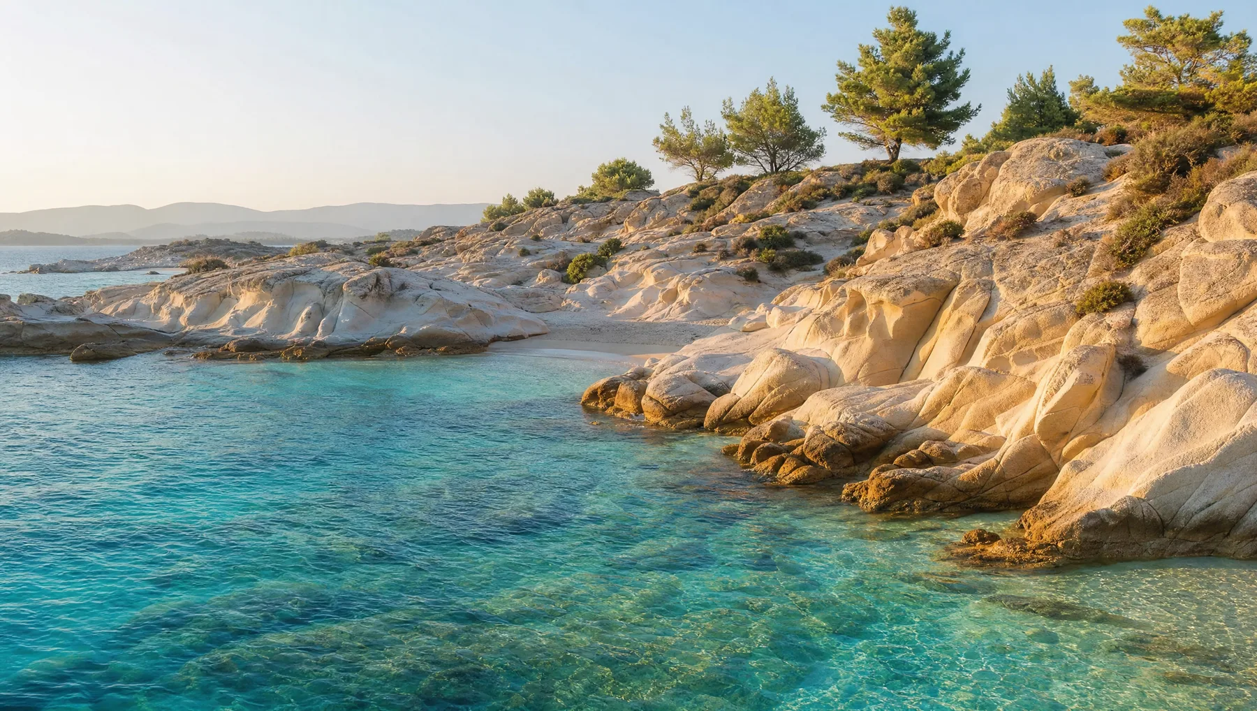 Sculpted white rocks and turquoise water at Kavourotrypes