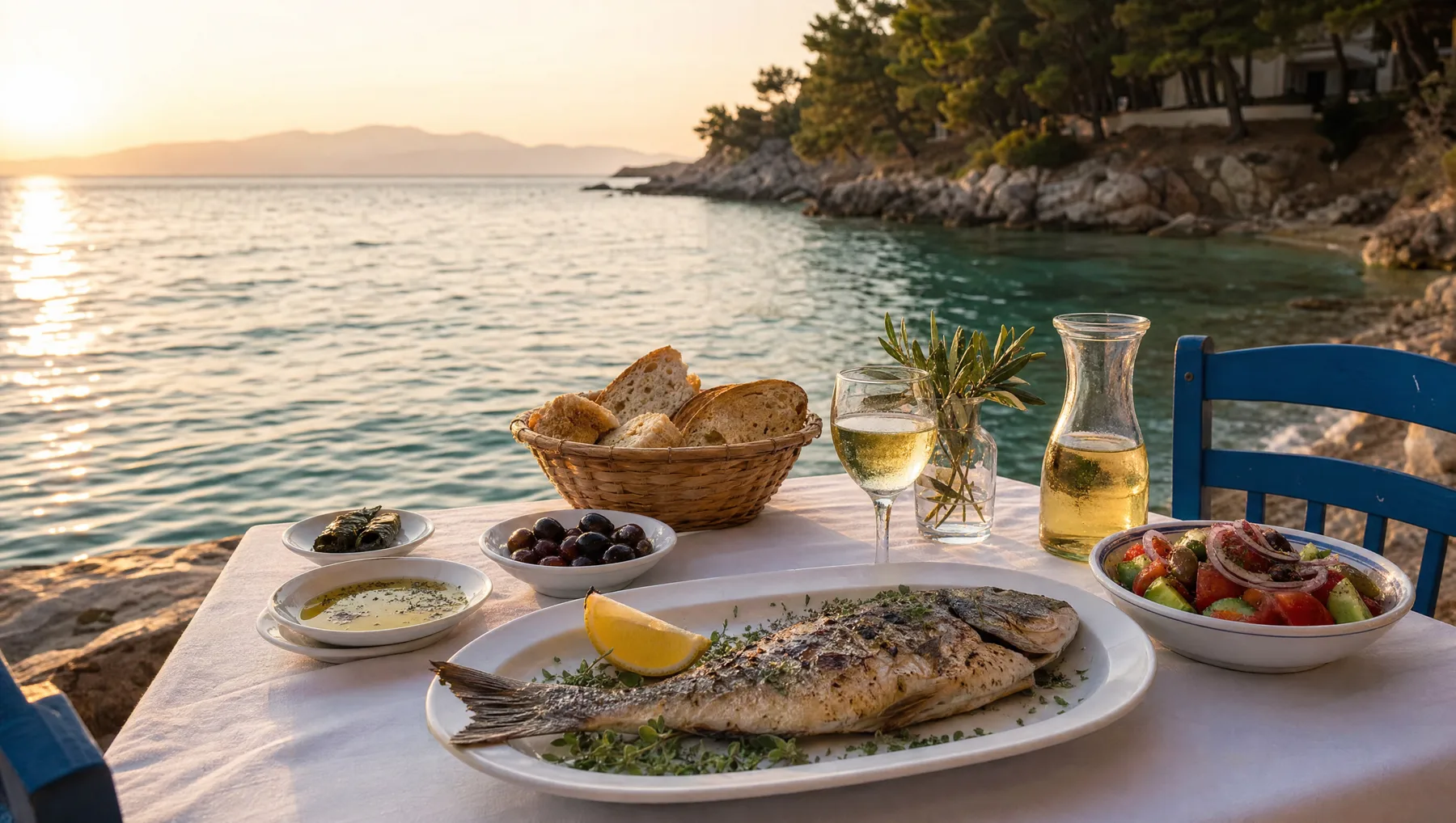 Taverna table by the water at golden hour