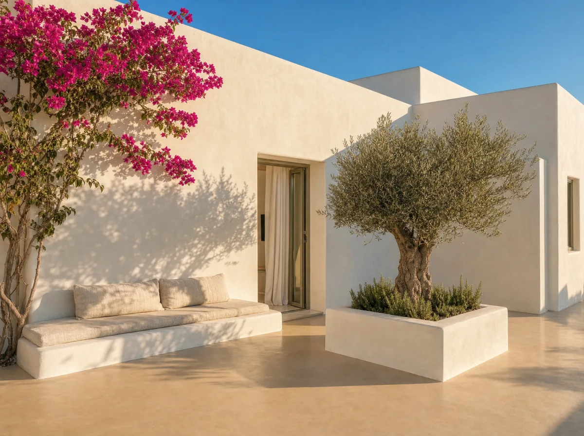 White courtyard with bougainvillea