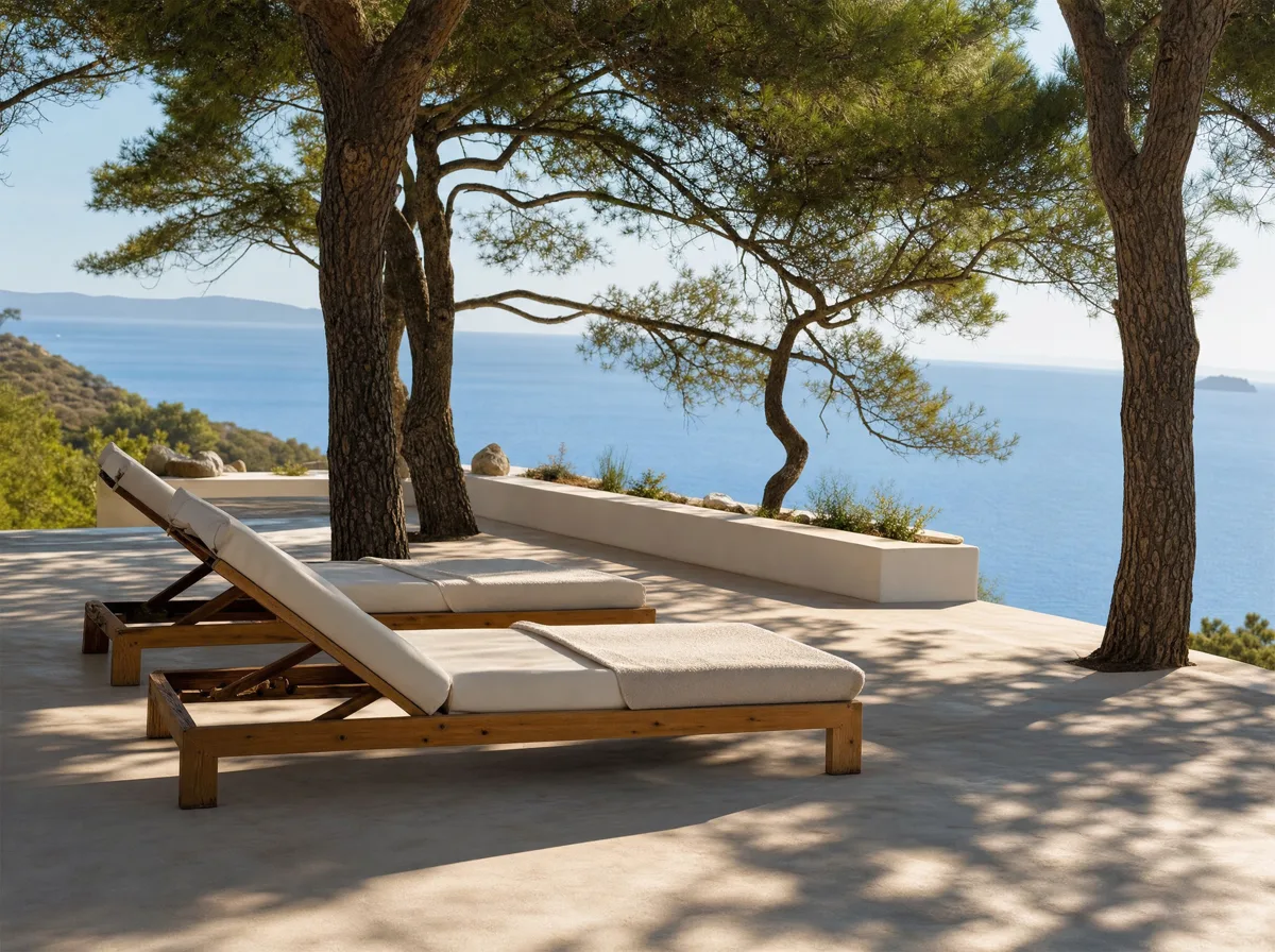 Sunbeds in the shade of pines