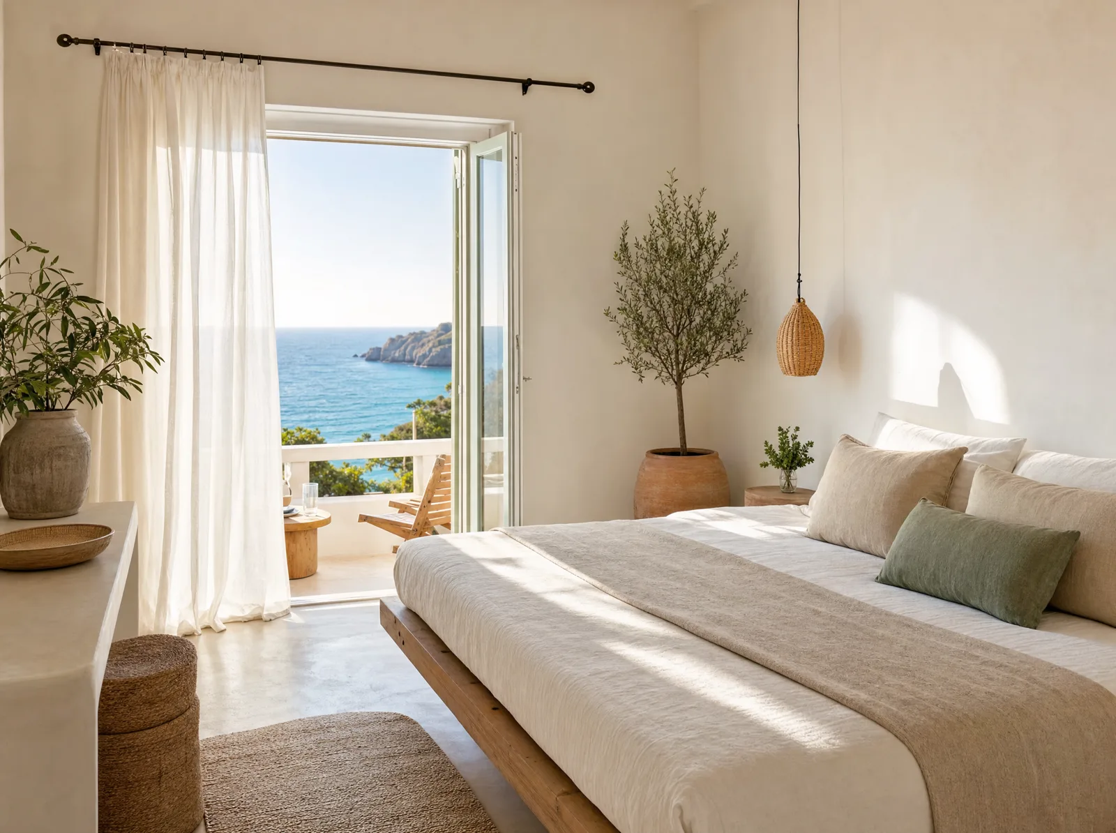 Sea Room with linen bed and balcony to the Aegean